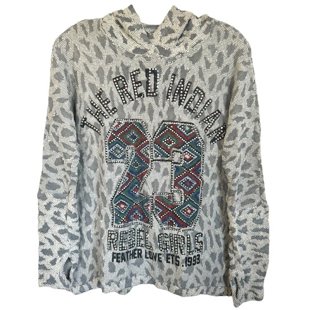 Zarga Women's Embellished Hooded Pullover Top 'The Red Indian 23' Size L Gray